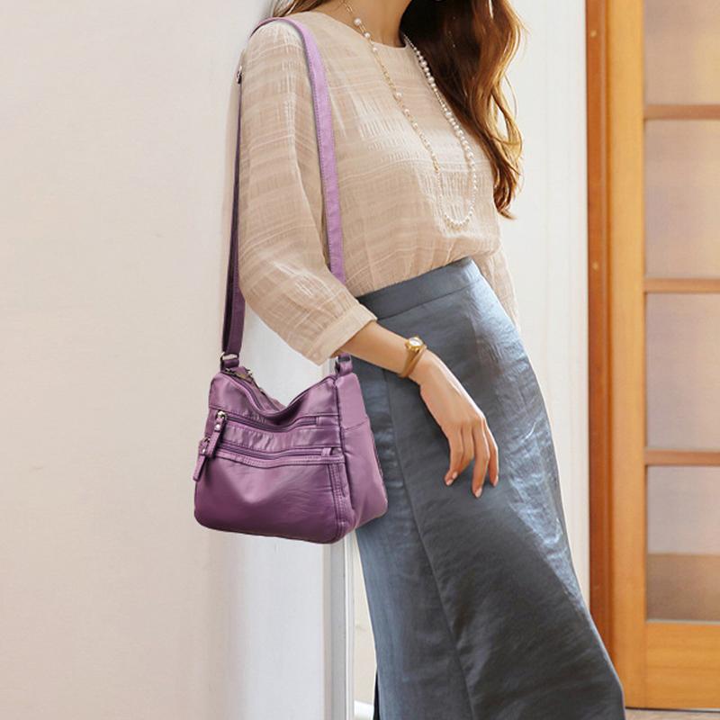 PU Leather Shoulder Bag with Zipper Pockets and Adjustable Strap