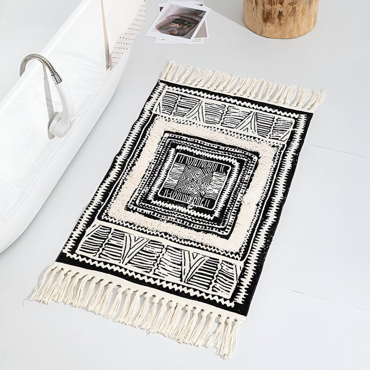 BowLift | Black and White Geometric Tassel Floor Mat