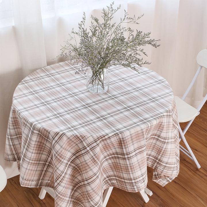 Round cotton tablecloth in check pattern with decorative crochet border Bowlift