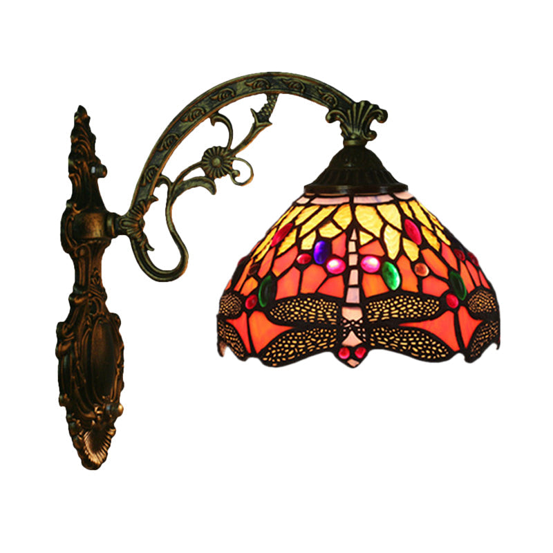 BowLift | 1-Head Bedroom Wall Mounted Lamp Tiffany Bronze Wall Light with Cone Dragonfly Pattern Glass Shade