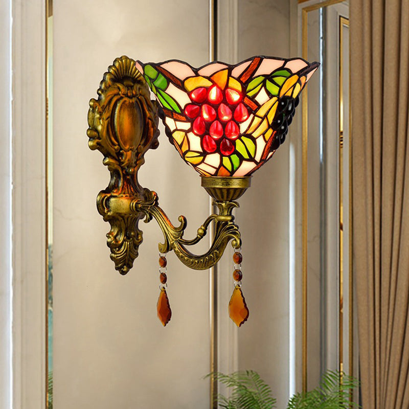 BowLift | Single-Bulb Wall Sconces Tiffany Flared Stained Glass Wall Mount Light with Grape Pattern in Brass