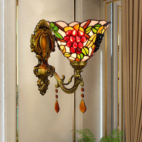 BowLift | Single-Bulb Wall Sconces Tiffany Flared Stained Glass Wall Mount Light with Grape Pattern in Brass