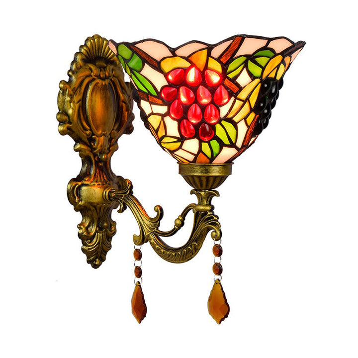 BowLift | Single-Bulb Wall Sconces Tiffany Flared Stained Glass Wall Mount Light with Grape Pattern in Brass