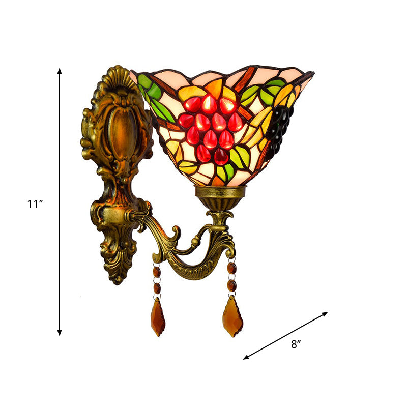 BowLift | Single-Bulb Wall Sconces Tiffany Flared Stained Glass Wall Mount Light with Grape Pattern in Brass