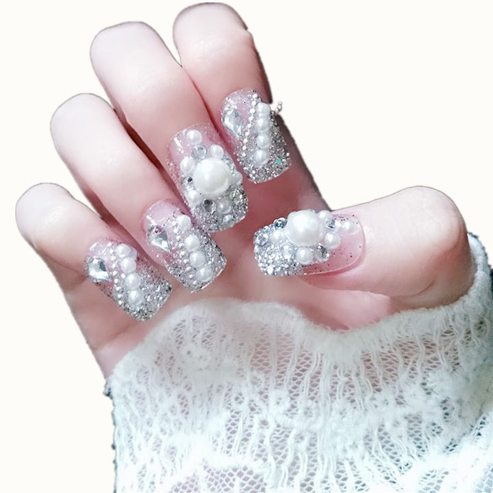 Elegant Pearl and Gem-Embellished Press-On Nails