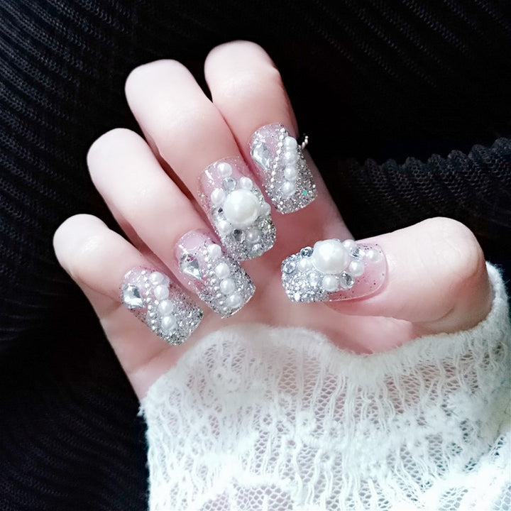 Elegant Pearl and Gem-Embellished Press-On Nails