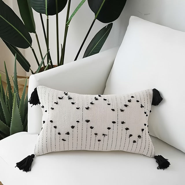 BowLift | White and Black Geometric Cushion Cover with Tassels
