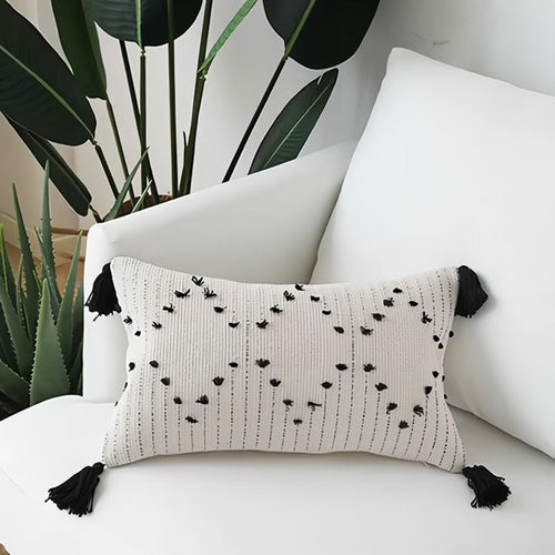 BowLift | White and Black Geometric Cushion Cover with Tassels
