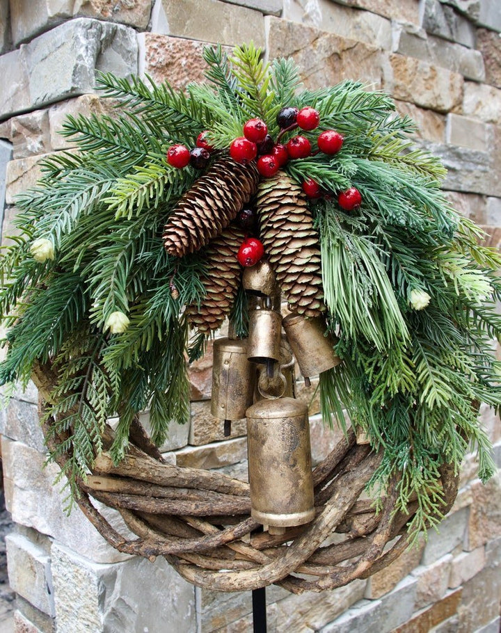 BowLift | Christmas Wreath | Boho Style | Rustic Vine Base with Pinecones & Golden Bells
