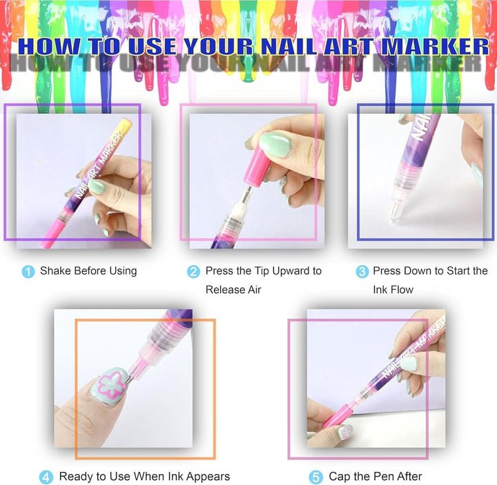 BowLift | 12 Colors Nail Art Pens — Acrylic Nail Design Set with Fine Tip