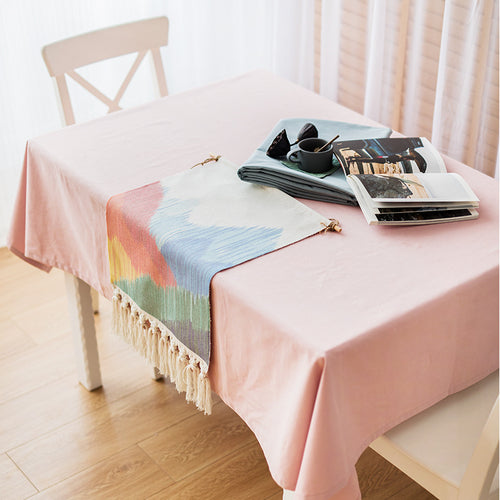 Woven Boho table runner with fringes and abstract watercolor pattern Bowlift