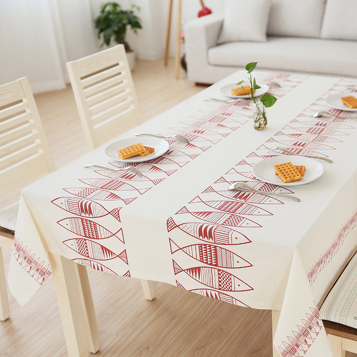 Rectangular cotton blend tablecloth with decorative fish jacquard and easy-care finish Bowlift