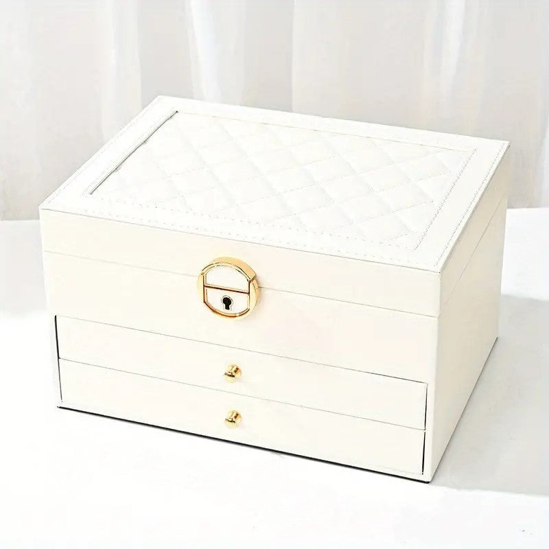 Lockable Leather Jewelry Box with Multi-Layer Storage