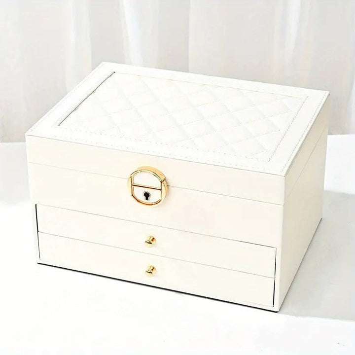 Lockable Leather Jewelry Box with Multi-Layer Storage