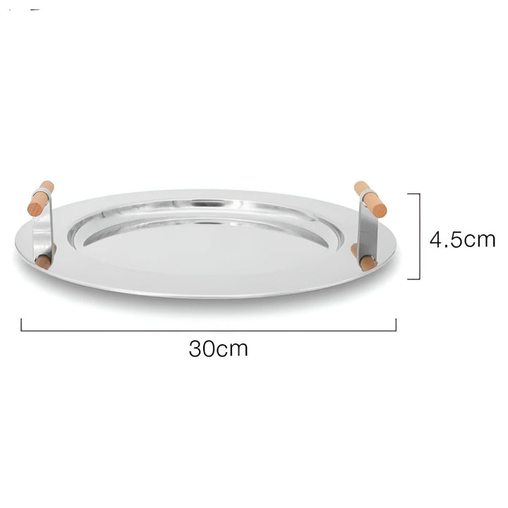 BowLift | Elegant Stainless Steel Round Tray with Wooden Handles