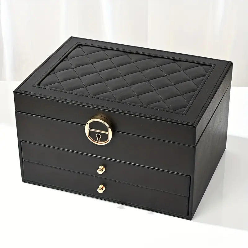 Lockable Leather Jewelry Box with Multi-Layer Storage