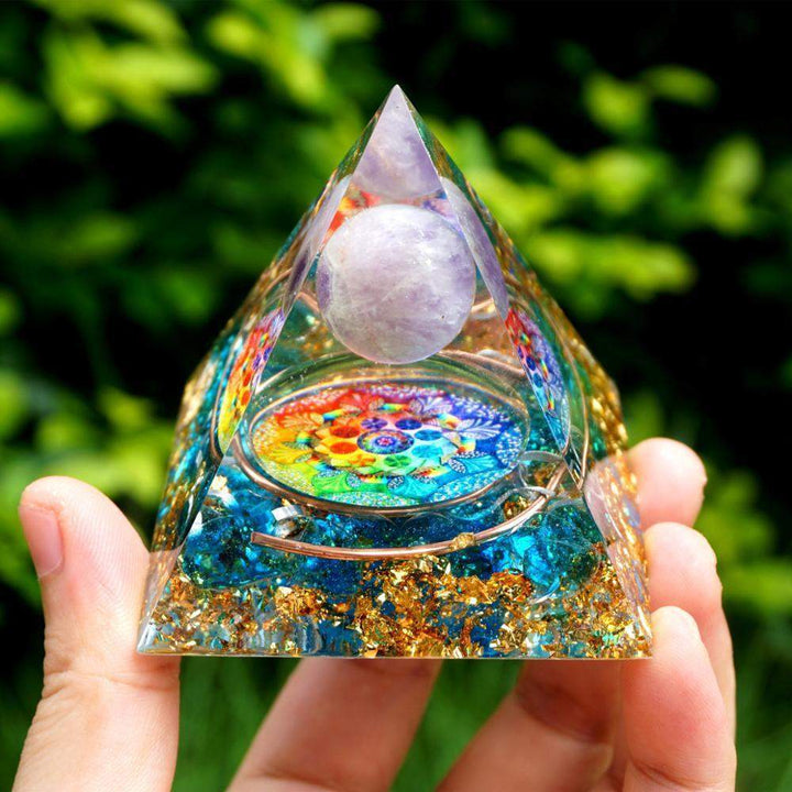 BowLift | Amethyst crystal ball with blue quartz orgone pyramid