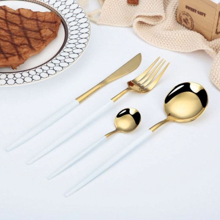 BowLift | Gold Stainless Steel Cutlery Set with White Handles