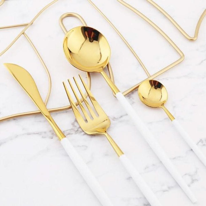 BowLift | Gold Stainless Steel Cutlery Set with White Handles