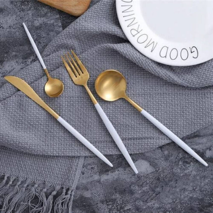 BowLift | Gold Stainless Steel Cutlery Set with White Handles