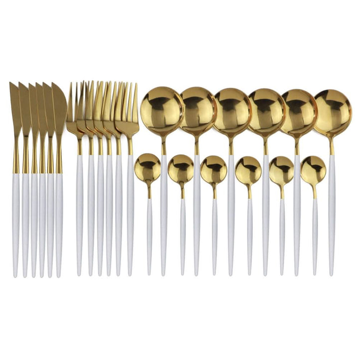 BowLift | Gold Stainless Steel Cutlery Set with White Handles