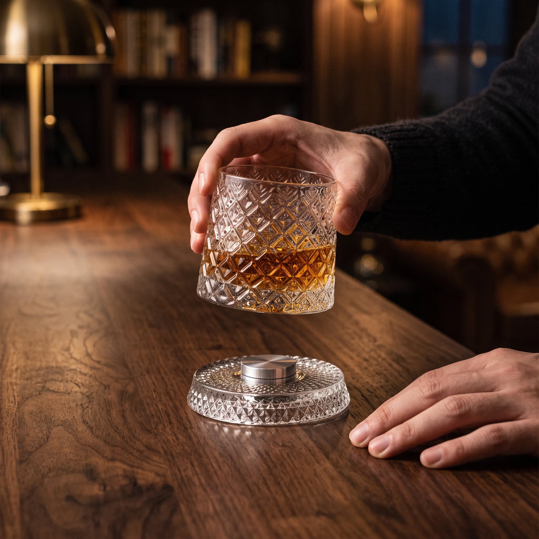 Hands lifting a whiskey-filled cut-crystal spinning glass above its crystal base with steel centre