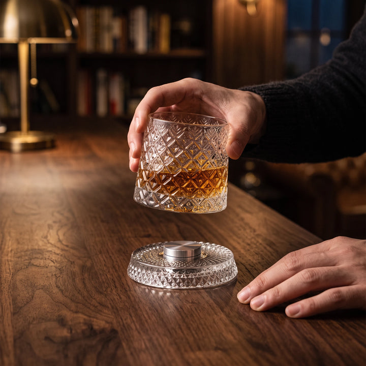 Hands lifting a whiskey-filled cut-crystal spinning glass above its crystal base with steel centre
