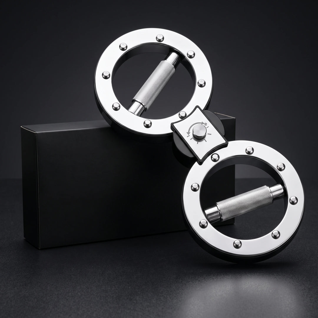 Chrome twin-ring forearm trainer leaning on a black box