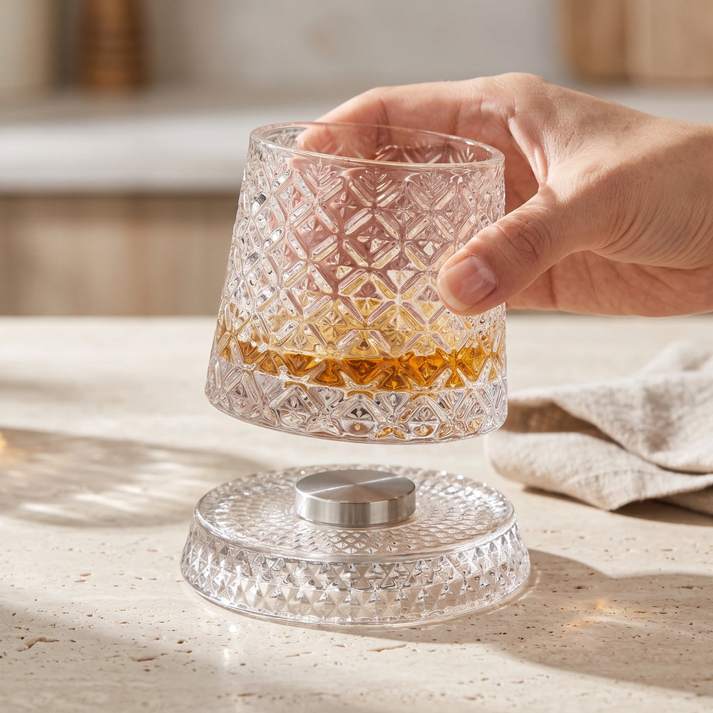 Hand placing a crystal whiskey glass onto its spinning base on a stone counter
