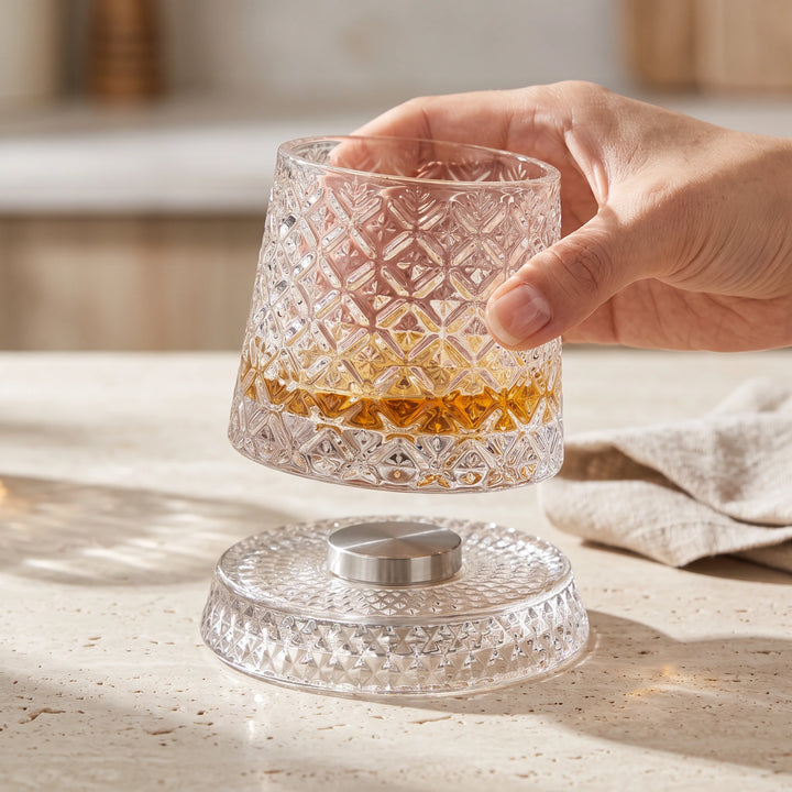 Hand placing a crystal whiskey glass onto its spinning base on a stone counter