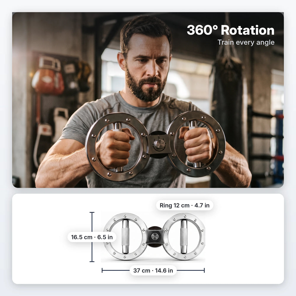 Athlete using the 360 degree rotating twin-ring trainer, with product dimensions