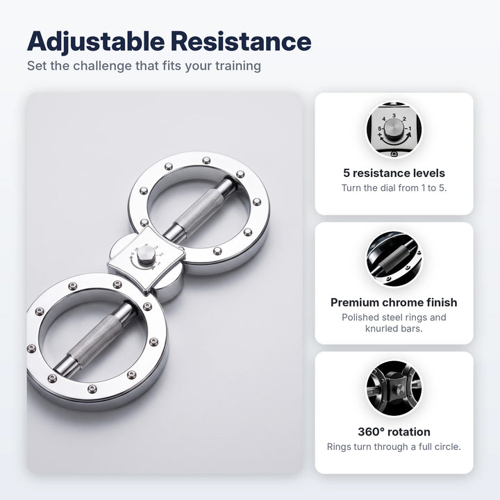 Twin-ring trainer with adjustable resistance dial, chrome finish and 360 degree rotation