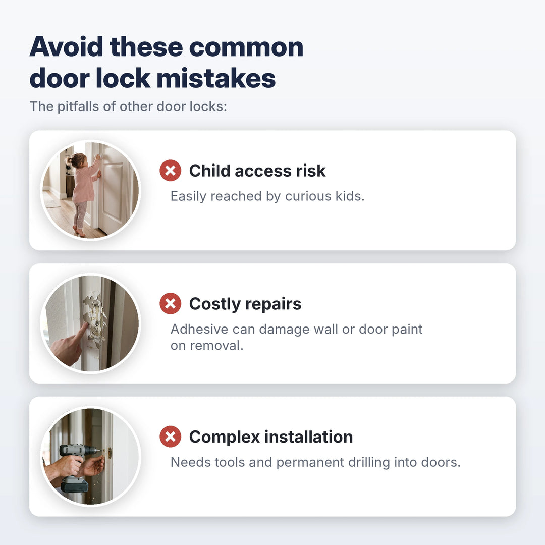 Common door lock mistakes: easy-reach knob covers, adhesive damage and drilling