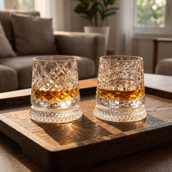 Two crystal spinning whiskey glasses in diamond and bubble patterns on a wooden tray