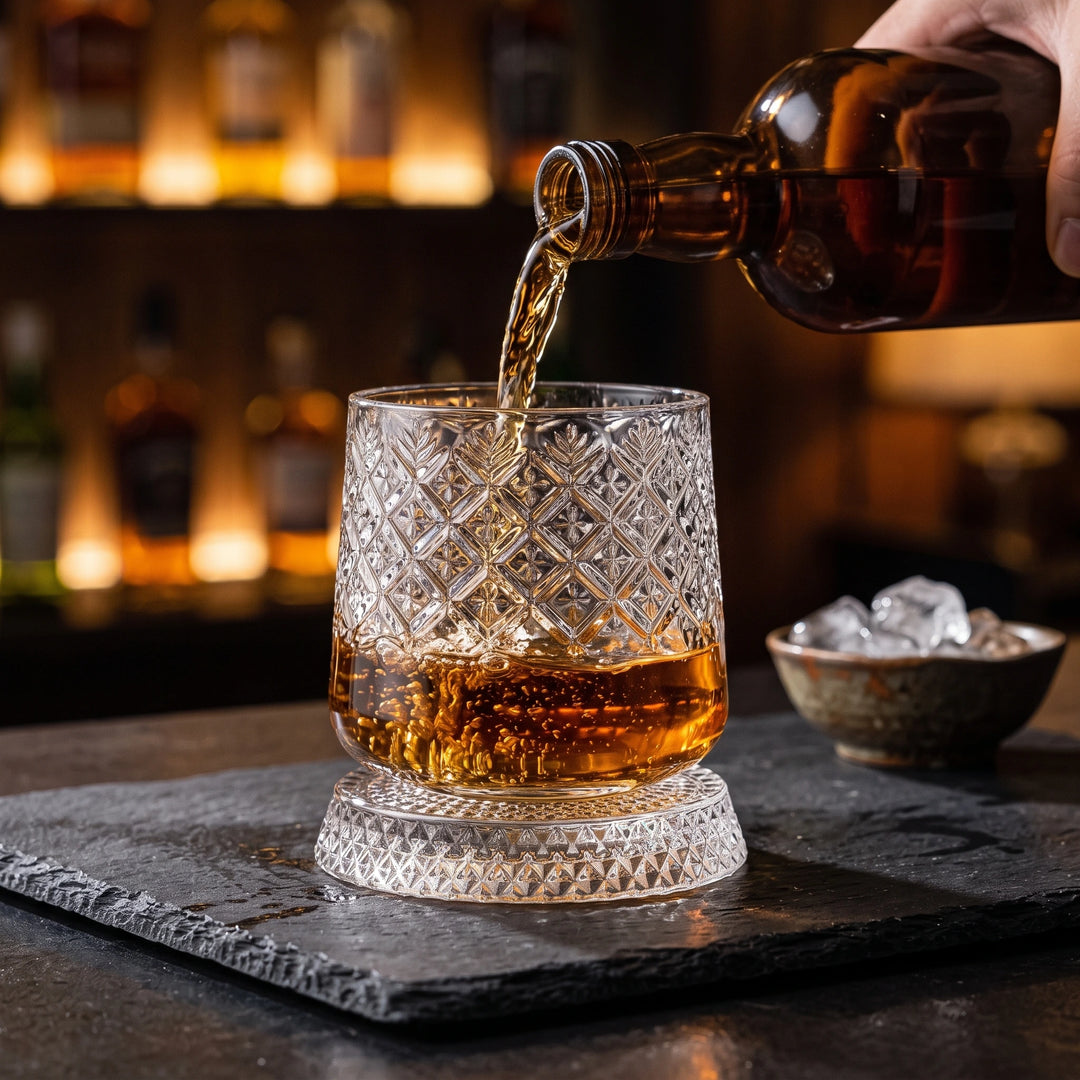 Whiskey being poured into a cut-crystal spinning glass on its base
