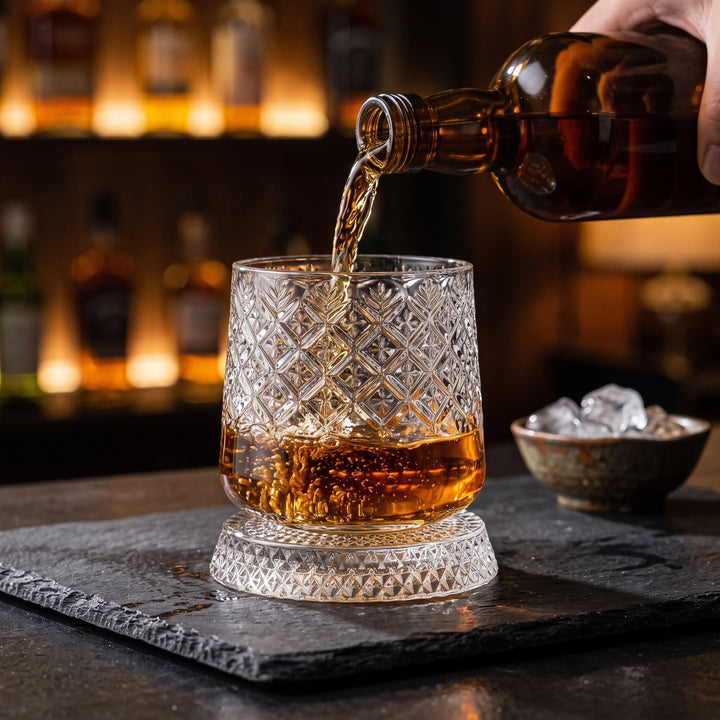 Whiskey being poured into a cut-crystal spinning glass on its base