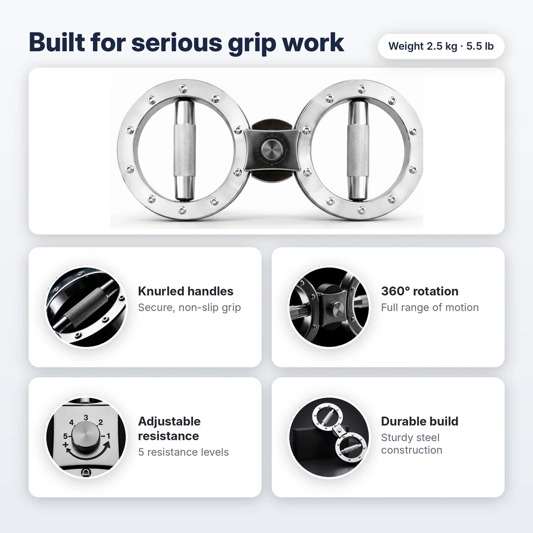 Twin-ring trainer features: knurled handles, rotation, adjustable resistance and steel build