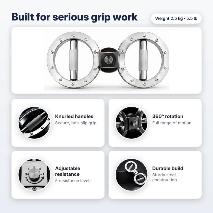 Twin-ring trainer features: knurled handles, rotation, adjustable resistance and steel build