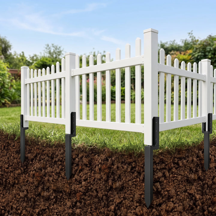 Cutaway view of fence post stakes driven deep into the soil under a white garden fence