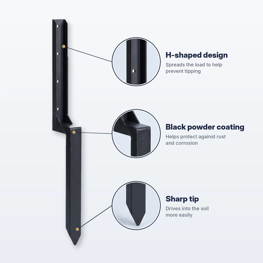 Fence post repair stake details: H-shaped design, black coating and sharp tip