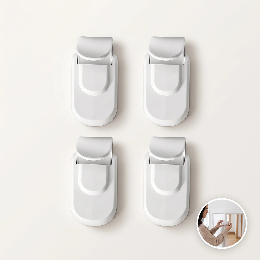Four-pack of white child safety door locks