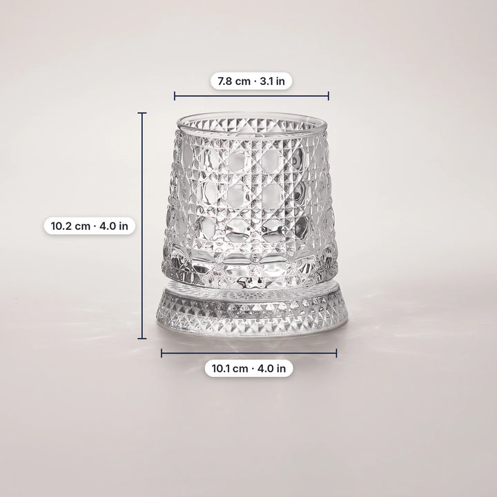 Gem pattern spinning whiskey glass with dimensions