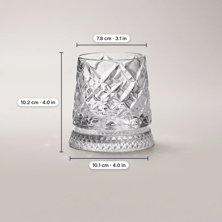Diamond pattern spinning whiskey glass with dimensions
