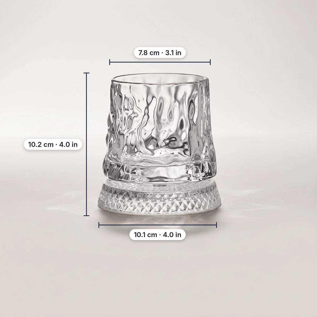 Bark pattern spinning whiskey glass with dimensions