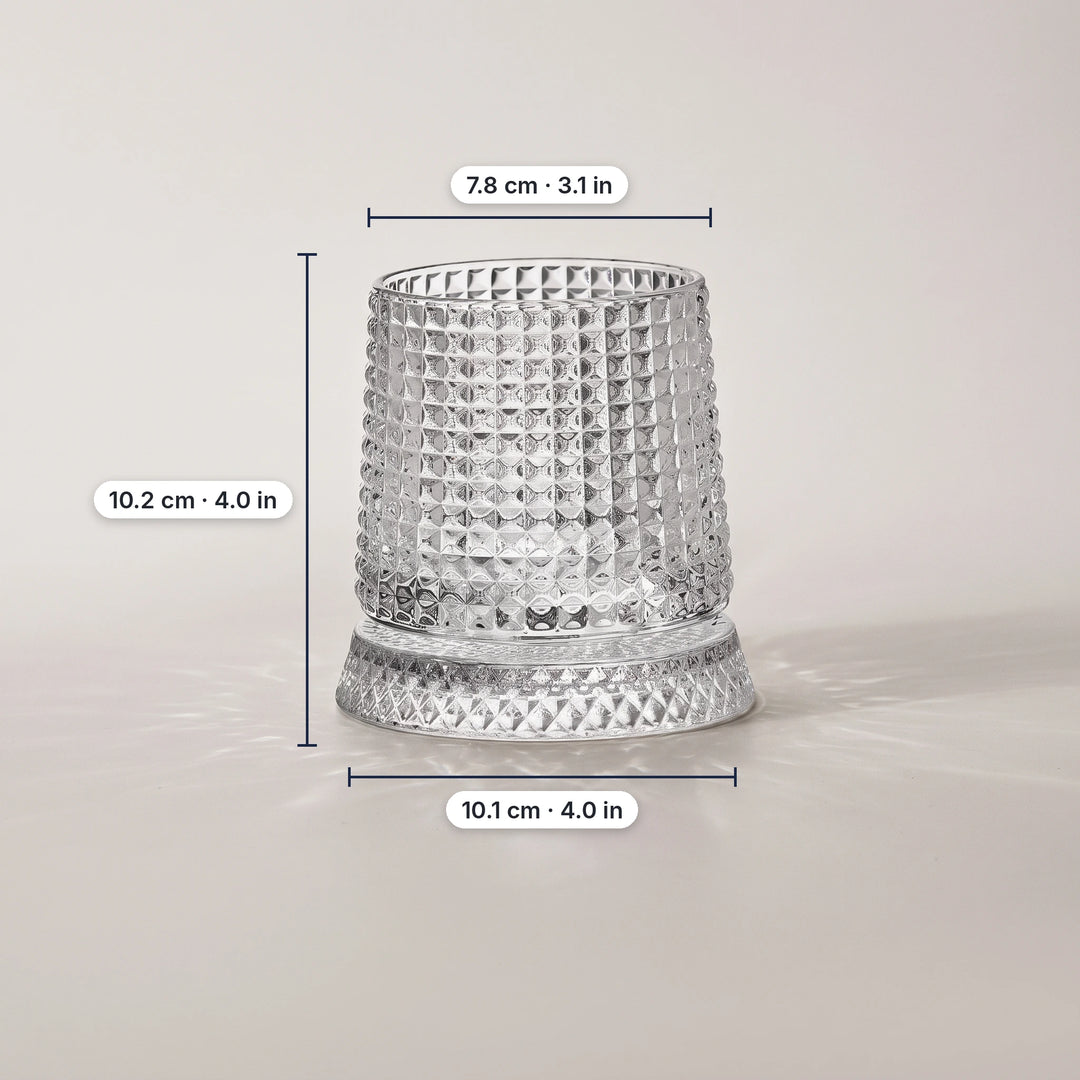 Grid pattern spinning whiskey glass with dimensions