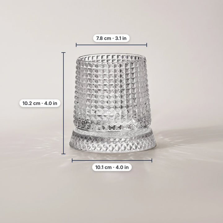 Grid pattern spinning whiskey glass with dimensions