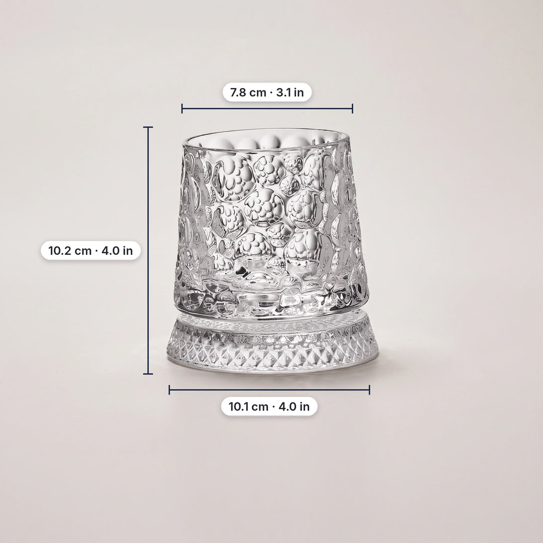 Bubble pattern spinning whiskey glass with dimensions