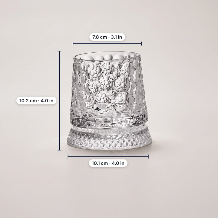 Bubble pattern spinning whiskey glass with dimensions