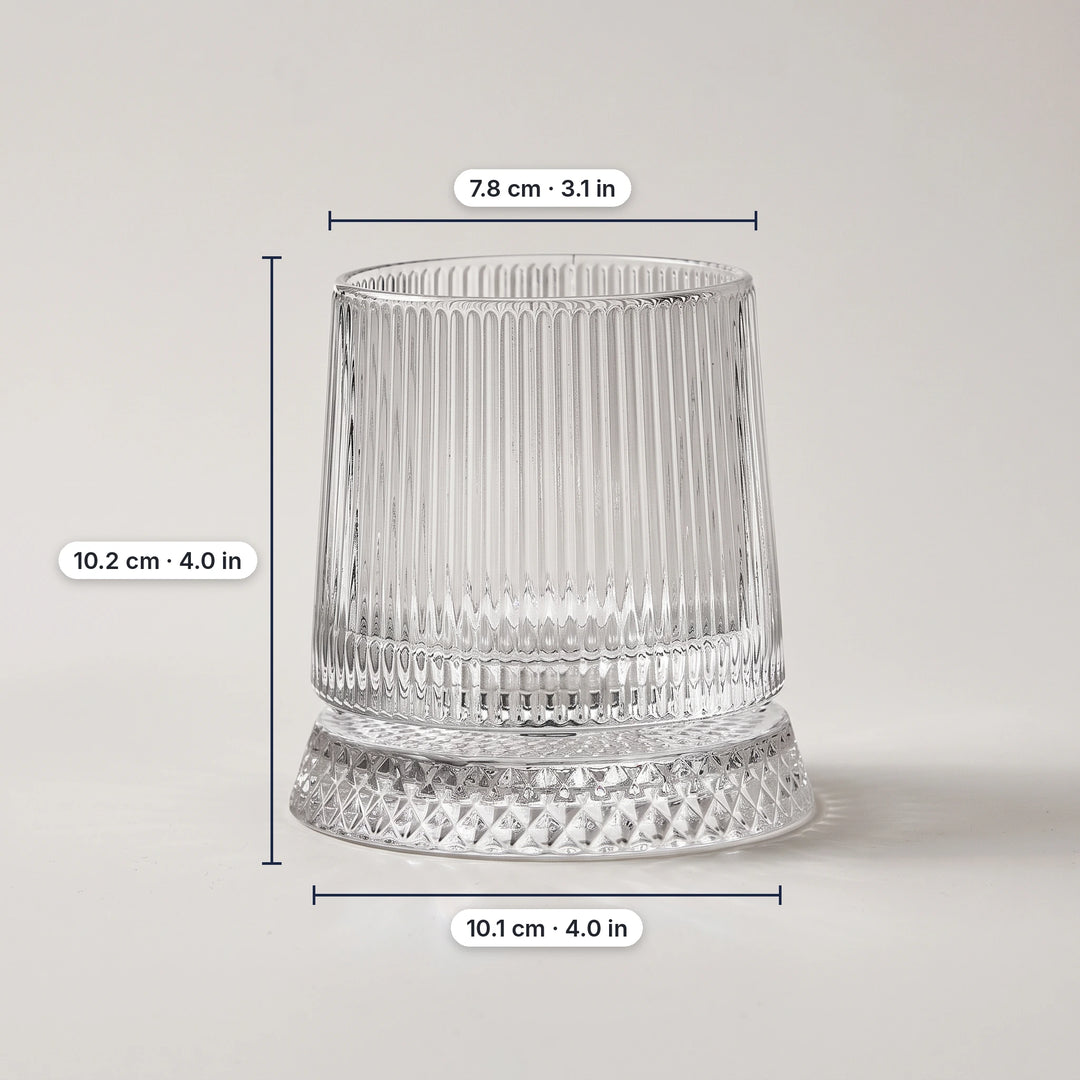 Vertical pattern spinning whiskey glass with dimensions