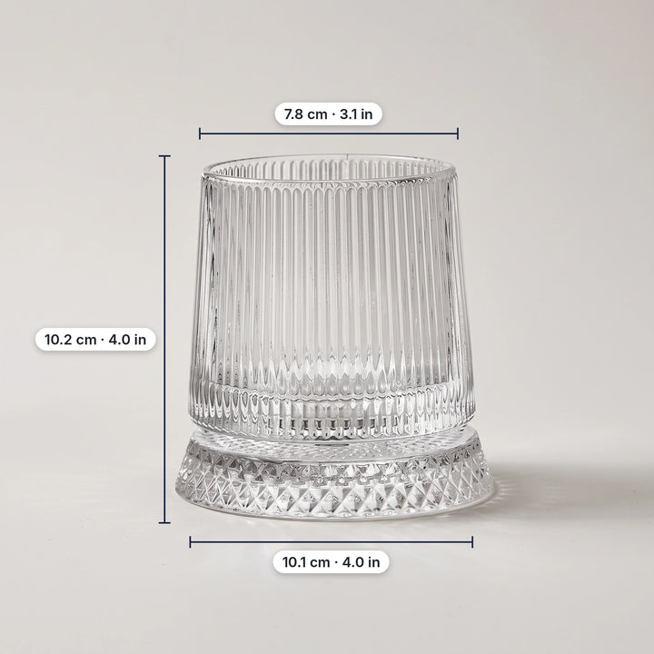 Vertical pattern spinning whiskey glass with dimensions